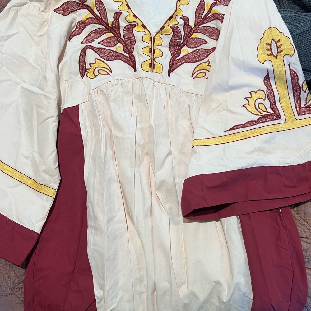 JODIFL Cream Mini Dress with Burgundy and Yellow Embroidery